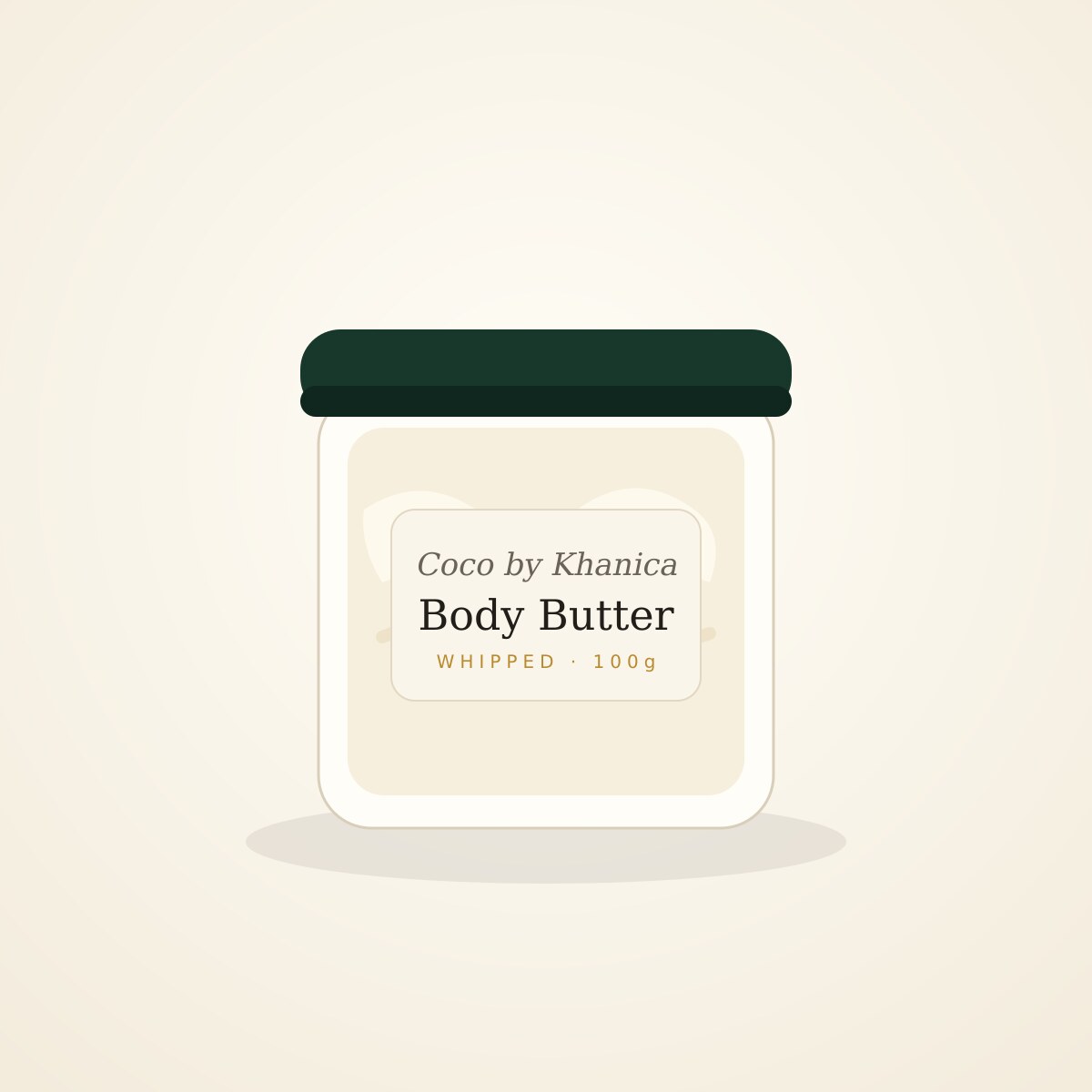 Open jar of whipped coconut body butter with a wooden spoon