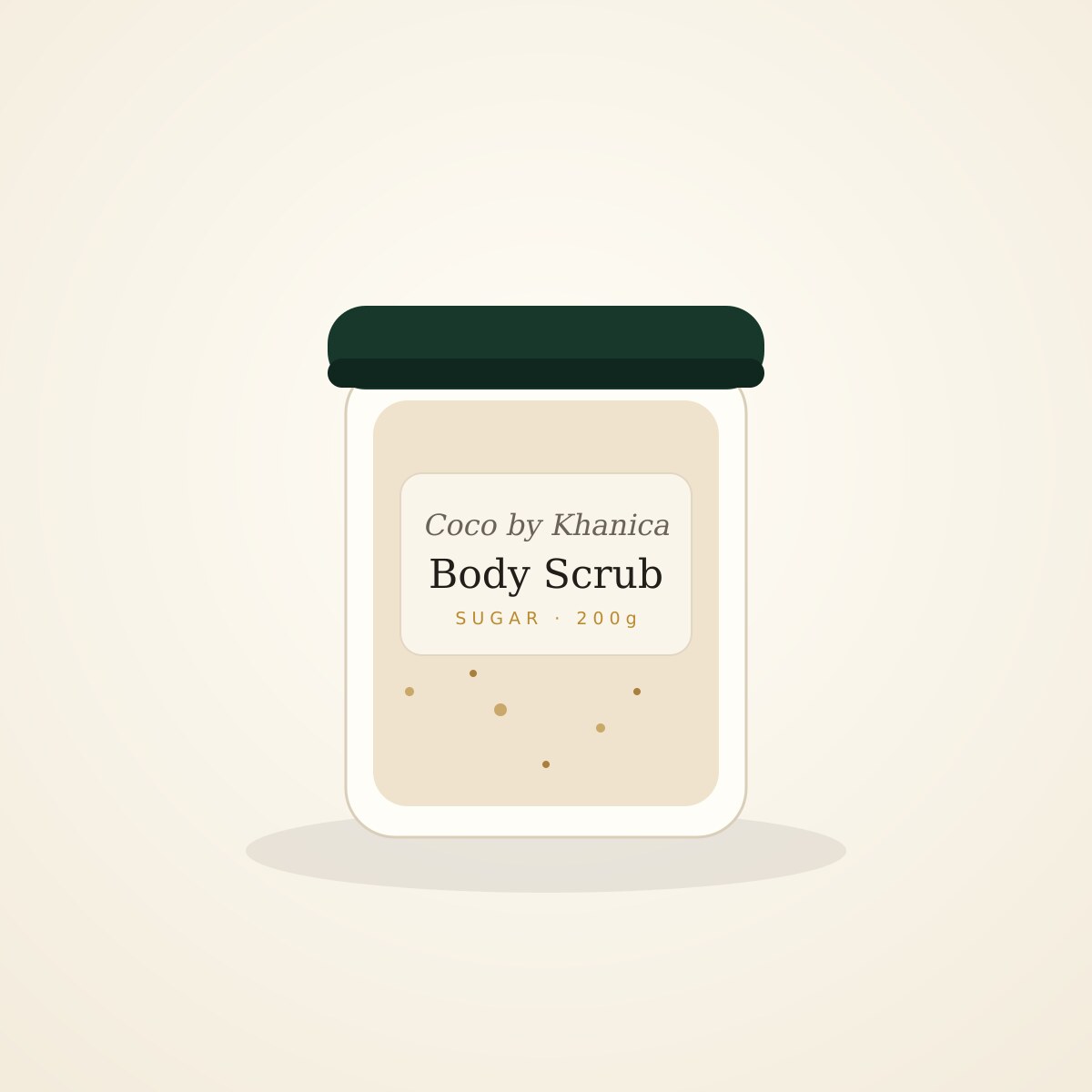Jar of coconut sugar body scrub with a spoon resting on top