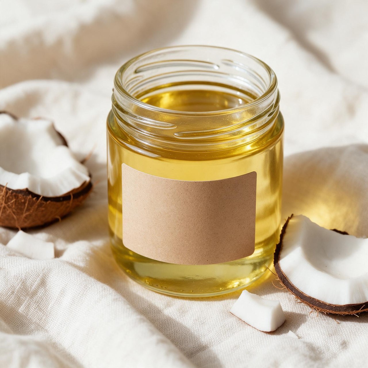Glass jar of golden cold-pressed coconut oil on cream linen