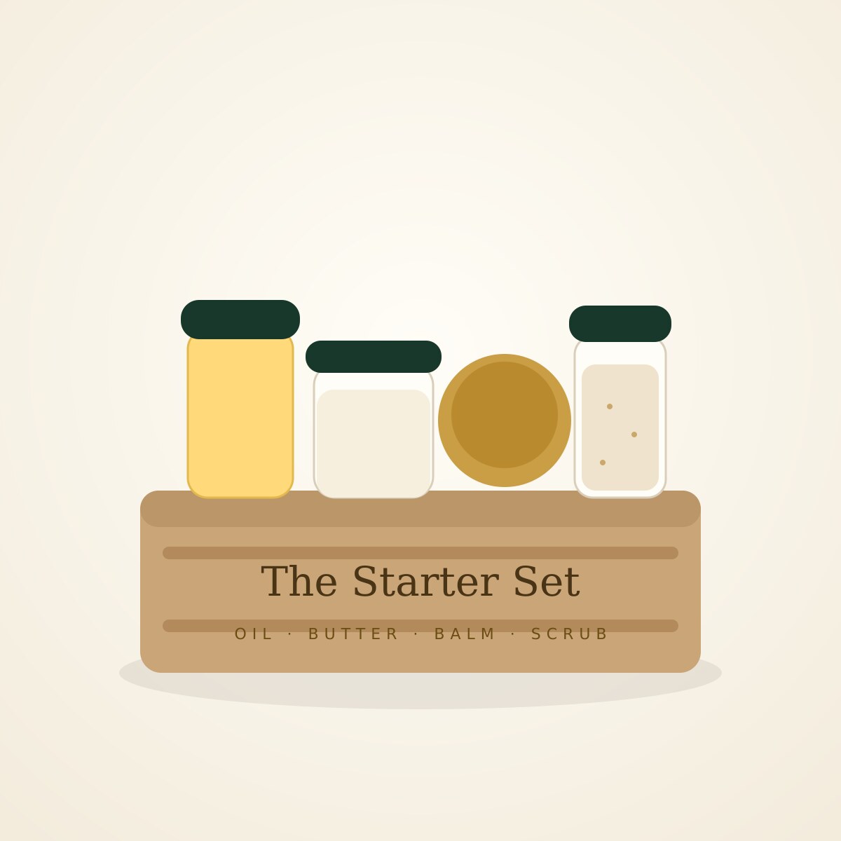The Starter Set — oil, butter, balm and scrub in a wooden crate