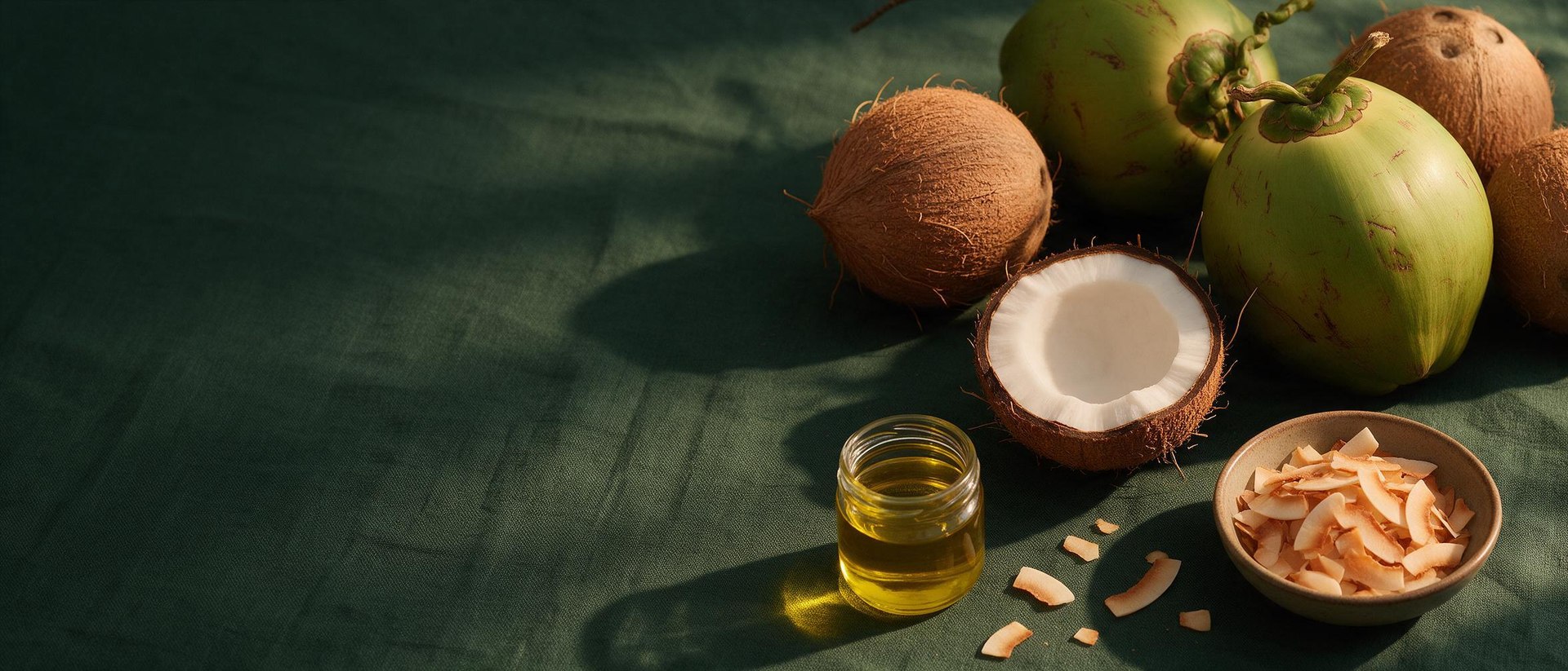 Fresh green and brown coconuts with a jar of golden coconut oil on deep green linen