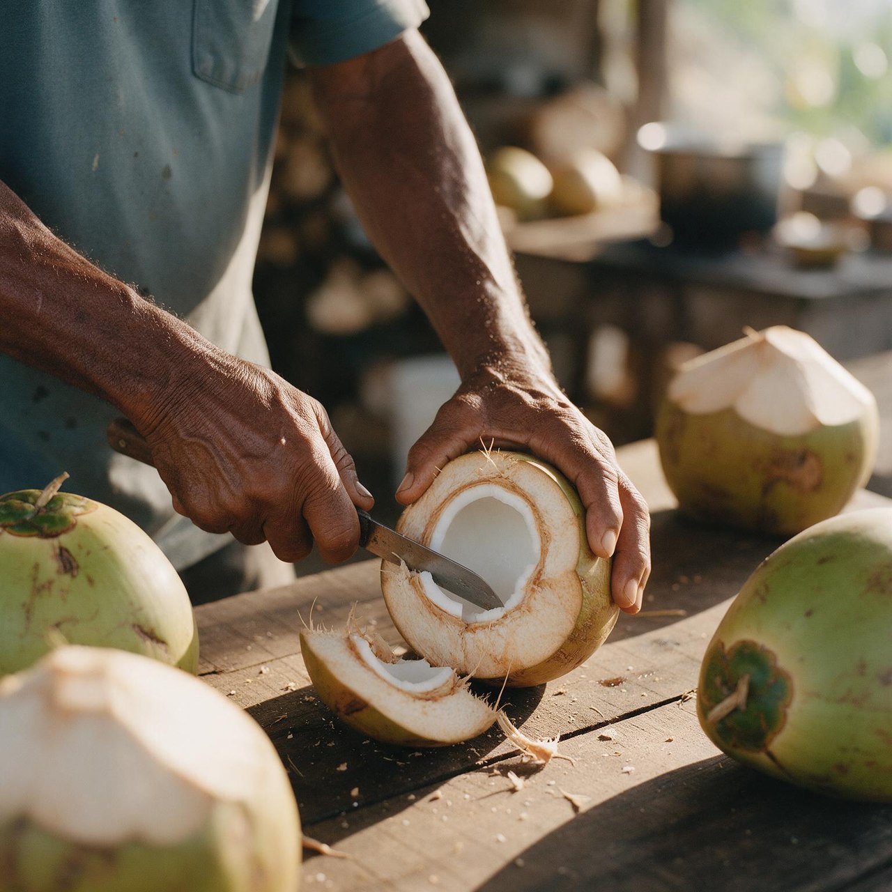 Hands opening a fresh coconut with a knife over a wooden table